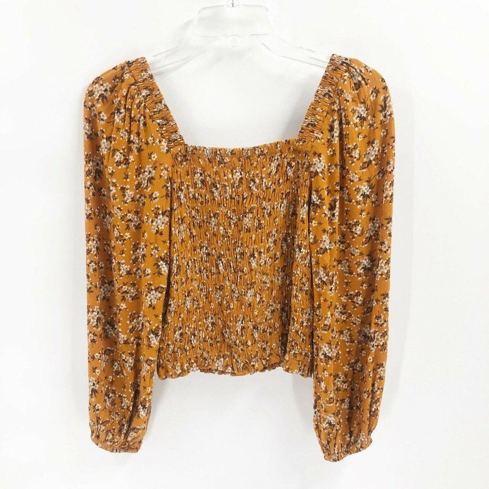 American Eagle Floral Crop Top Smocked Buttons S - Picture 3 of 5